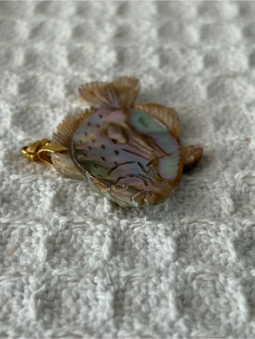 Vintage Carved Iridescent Abalone Shell Fish Pendant On A Gold Tone Bail